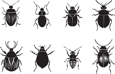 set of silhouettes of insects on white background