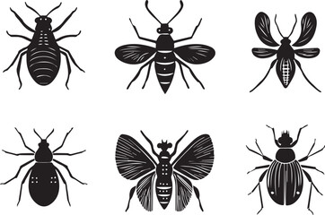 set of silhouettes of insects on white background