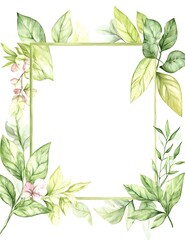 Watercolor square frame with a white background, light green leaves and flowers around the edges,