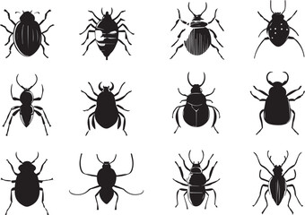 set of silhouettes of insects on white background