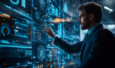 Corporate executive interacting with a futuristic global maintenance concept, showcasing proactive worldwide system support and digital repair, Generative AI