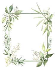 Watercolor square frame with a white background, light green leaves and flowers around the edges,