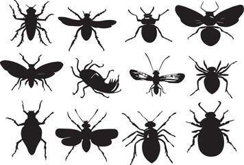 set of silhouettes of insects on white background