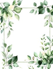 Fototapeta premium Watercolor square frame with a white background, light green leaves and flowers around the edges,