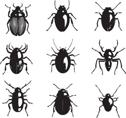 set of silhouettes of insects on white background
