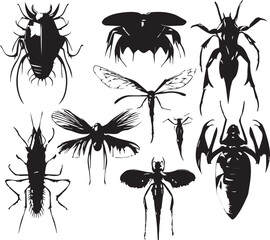 set of silhouettes of insects on white background
