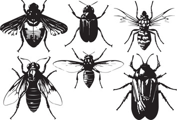 set of silhouettes of insects on white background
