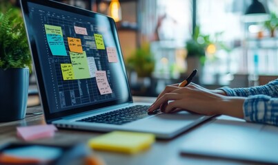 Business developer using Kanban board on laptop - agile software development, lean project management tool, fast changes, Generative AI