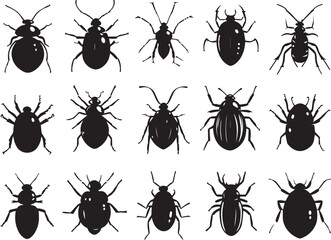 set of silhouettes of insects on white background