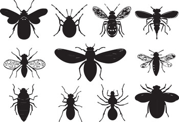 set of silhouettes of insects on white background