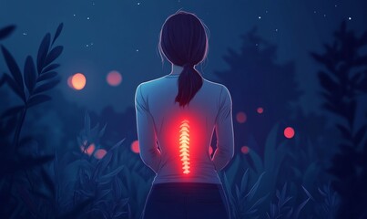 Woman Suffering Chronic Lower Back Pain, Highlighted Lumbar Spine, Healthcare Concept, Medical Diagnosis, Night Setting, Casual Outfit, Pain Relief, Modern Health Issue, Generative AI