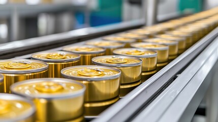 Fototapeta premium Cans on production line showcase modern manufacturing process, highlighting efficiency and precision in beverage production. shiny gold cans reflect sense of quality and innovation. 