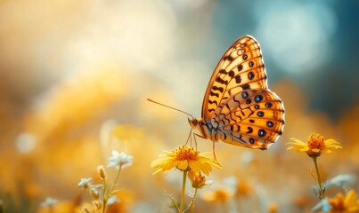 Obraz premium Leopard Butterfly Close-Up Collecting Nectar on Wild Flowers in Daylight, Vibrant Macro Nature Photography, Delicate Beauty and Tranquility in Blooming, Generative AI