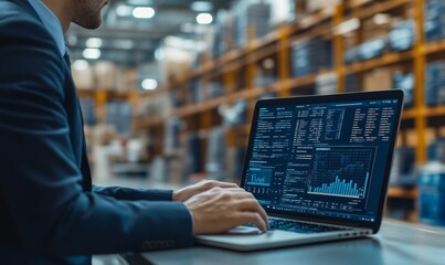 Businessman in Suit Showcasing Digital Supply Chain Management Concept on Laptop in Office Setting, Generative AI