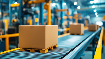 Efficient packaging on conveyor belt in modern warehouse showcases logistics process. scene highlights importance of automation in shipping and handling. 