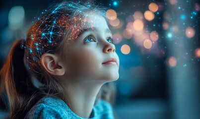 Child's Mind and Brain Activity Concept, Scientific Visualization of Neural Connections, Education and Psychological Development in Children, Generative AI