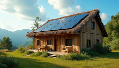 A small house with a thatched roof sits on a grassy hillside
