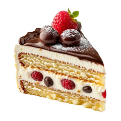 Piece of cake with cherries isolated on white and transparent background