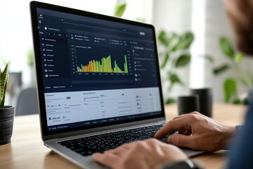 Person analyzing data on a laptop with a screen showing colorful graphs and figures. Modern workspace with plants in the background.