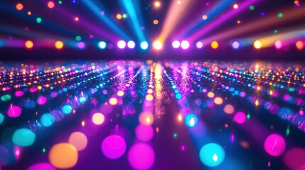 Fototapeta premium Vibrant multicolored LED light display with lens flares on shiny surface creating a festive and lively atmosphere.