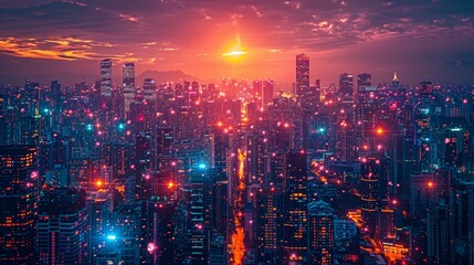 Fototapeta premium Nighttime view of a technologically advanced city with sleek, illuminated skyscrapers. Premium background for the latest technology needs.