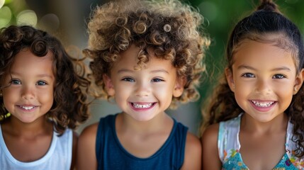 A close-up of three children with varied hair types, smiling warmly