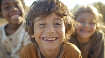 A close-up of three happy kids from different backgrounds, smiling together
