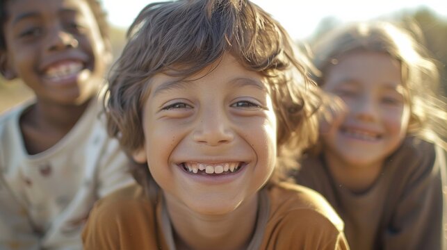 A close-up of three happy kids from different backgrounds, smiling together