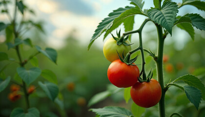 Three ripe tomatoes are hanging from a plant