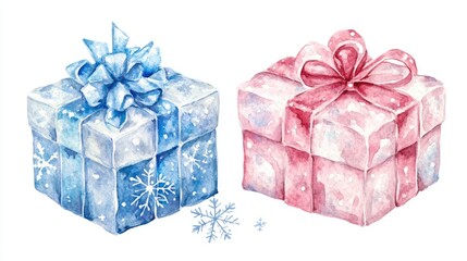 Obraz premium Snowflakes and Gift box, Christmas theme, watercolor style, isolated on white background