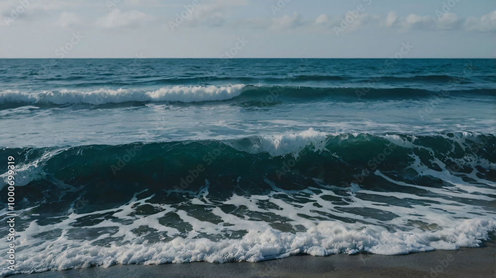 Wall mural rough waves crushing along seashore with the cloudy sky cover image. nature seascape background desi