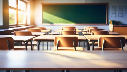 White empty countertop in school classroom with chalk board. Tabletop against the background of an interior with chairs and desks. sunlight