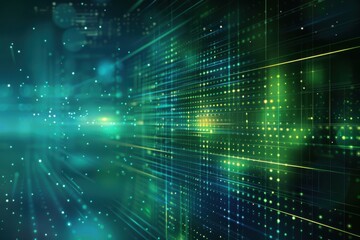 Abstract futuristic background with glowing lines and light particles in blue and green tones for tech design