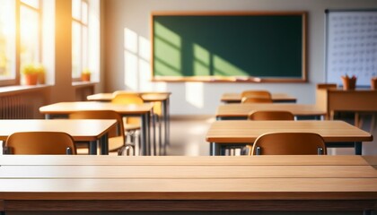 White empty countertop in school classroom with chalk board. Tabletop against the background of an interior with chairs and desks. sunlight