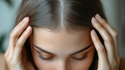 Fototapeta premium woman's hands gently touching her scalp, with noticeable thinning hair and sparse areas on the top of her head, highlighting concerns about hair health