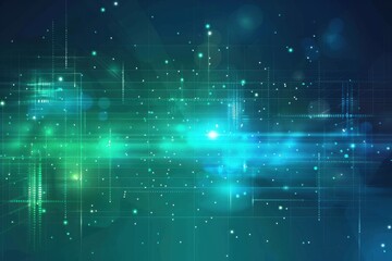 Abstract futuristic background with glowing lines and light particles in blue and green tones for tech design