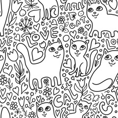 Fototapeta premium seamless pattern with cats and flowers 