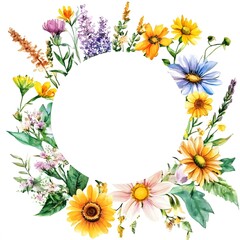 Fototapeta premium Watercolor wildflower wreath, in dark red and light beige, on a white background. Clipart