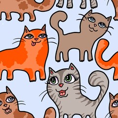 set of cats kawaii cute funny animals seamless abstract pattern background fabric fashion design print wrapping paper digital illustration art texture textile wallpaper colorful apparel image 