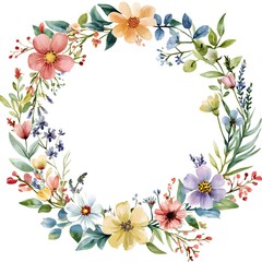 Fototapeta premium Watercolor wildflower wreath, clipart, white background, white space, clean lines, red and dark beige