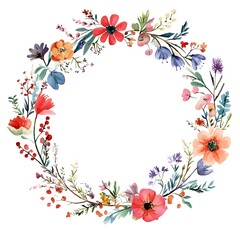 Watercolor wildflower wreath, clipart, white background, white space, clean lines, red and dark beige