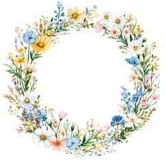 Fototapeta premium Watercolor wildflower wreath, clipart, white background, white space, clean lines, red and dark beige