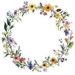 Obraz premium Watercolor wildflower wreath, clipart, white background, white space, clean lines, red and dark beige