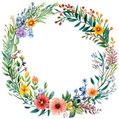 Watercolor wildflower wreath, clipart, white background, white space, clean lines, red and dark beige
