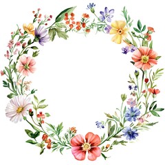 Fototapeta premium Watercolor wildflower wreath, clipart, white background, white space, clean lines, red and dark beige
