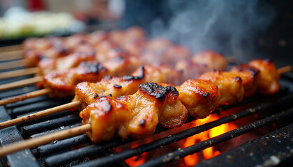 Delicious Grilled Chicken Skewers Over Open Flame &ndash; High-Quality BBQ Food Photography for image
