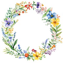 Fototapeta premium Watercolor wildflower wreath, clipart, white background, white space, clean lines, red and dark beige