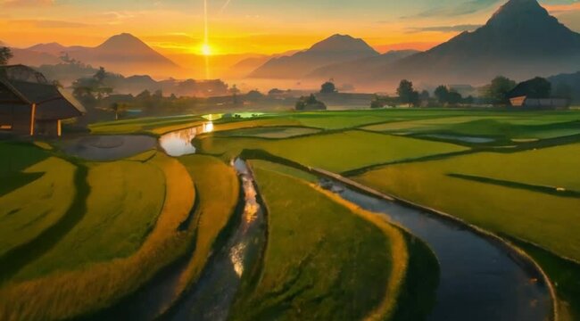I want an image that has paddy fields on both sides and a path running through them, a long beautiful mountain range in front, with the sunrise behind it, there is also a village far away, this is ver