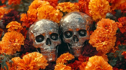 A captivating arrangement of silver skulls and vibrant marigolds, perfect for Day of the Dead celebrations, altars, and themed events that honor loved ones.