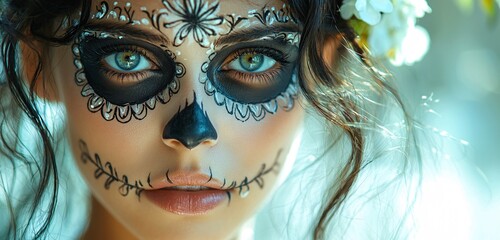 Fototapeta premium A stunning close-up of a woman with intricate sugar skull makeup, perfect for Day of the Dead (Dia De Los Muertos) celebrations and cultural design projects.